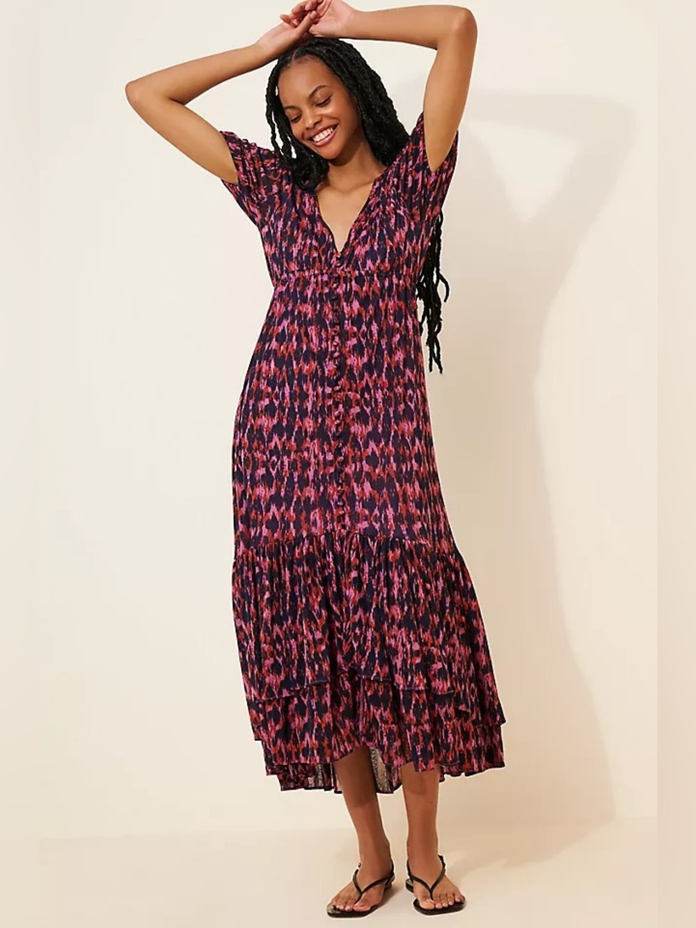 Anthropologie Printed Ruched-Sleeve Mesh Maxi Dress Purple Pink Size SP